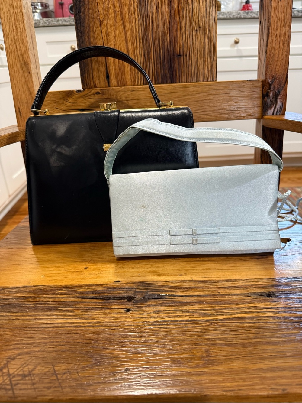 Two Women’s Vintage purses Black with Gold Clasp Blue Satin Snap Closure